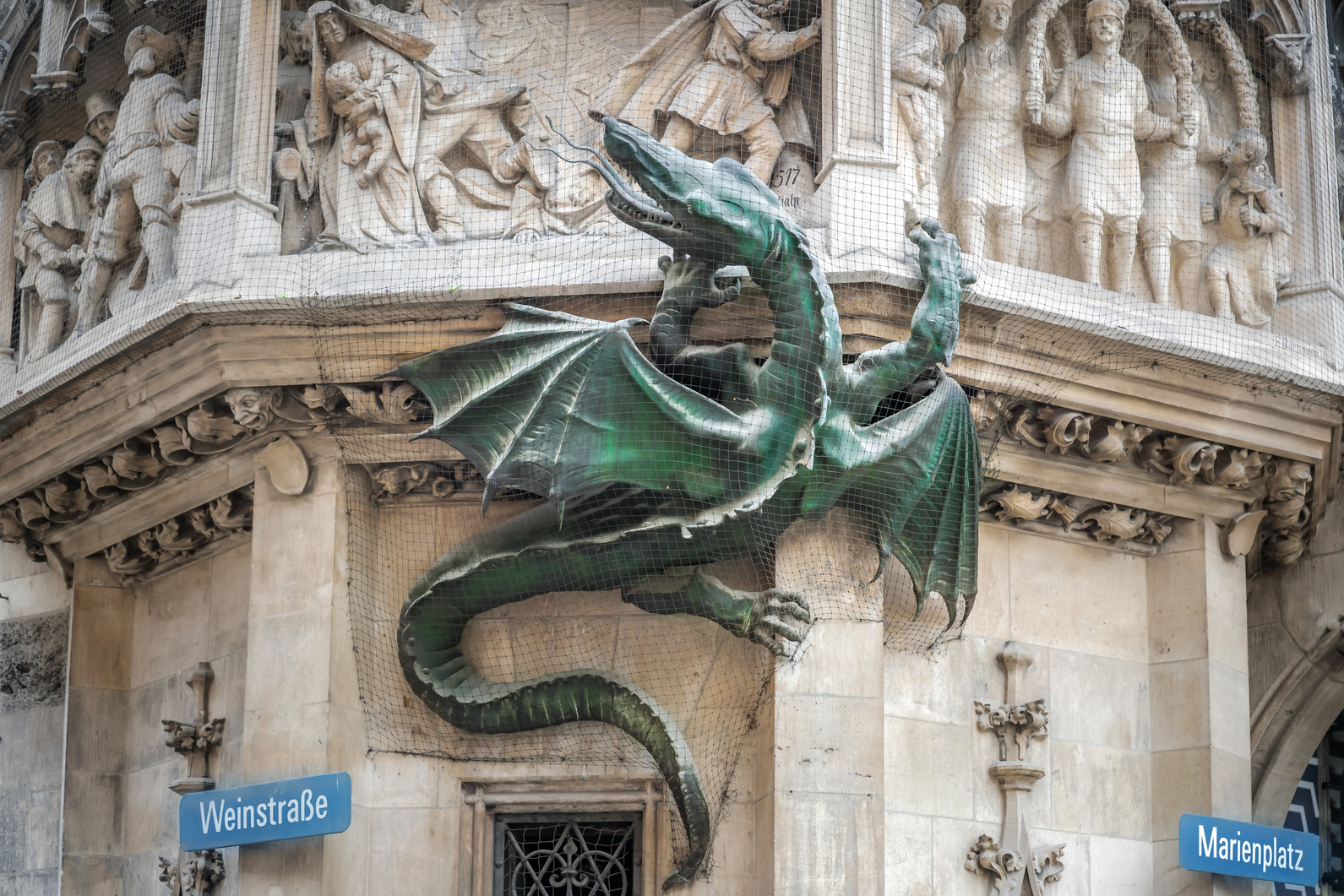 Wurmeck at New Town Hall (Neues Rathaus) Dragon Sculpture associated with a medieval plague legend - Munich, Bavaria, Germany