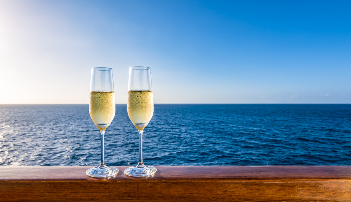 Two glasses of champagne on cruise vacation.